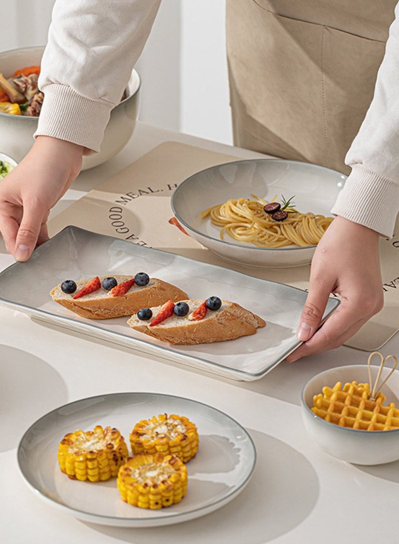 طقم عشاء من ١٨ قطعة، طقم هدايا، أدوات مائدة سيراميك كلاسيكية أنيقة، آمنة للاستخدام في غسالة الصحون والميكروويف، رمادي/أبيض - Image 3